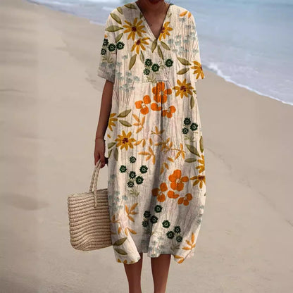 Women's Midi Dress with Watercolor Floral Print, V-Neck, and Cocoon Cut, made of Lightweight Linen Blend