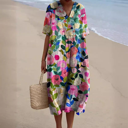 Women's Midi Dress with Watercolor Floral Print, V-Neck, and Cocoon Cut, made of Lightweight Linen Blend