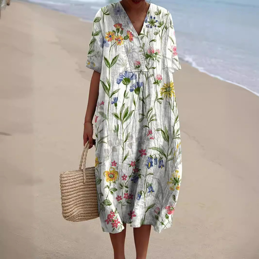 Women's Midi Dress with Watercolor Floral Print, V-Neck, and Cocoon Cut, made of Lightweight Linen Blend