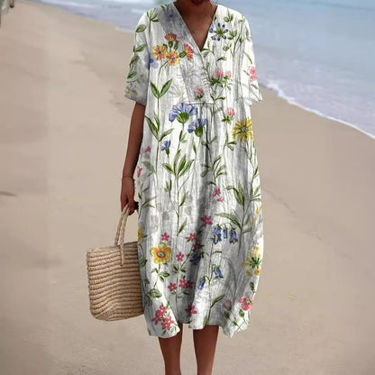 Women's Midi Dress with Watercolor Floral Print, V-Neck, and Cocoon Cut, made of Lightweight Linen Blend