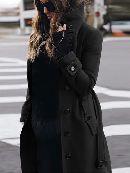 Women's single-breasted long coat with lapel collar