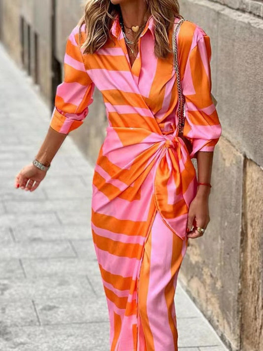 Women's Maxi Wrap Dress with Geometric Print, Shirt Collar, and Long Sleeves in Satin Look
