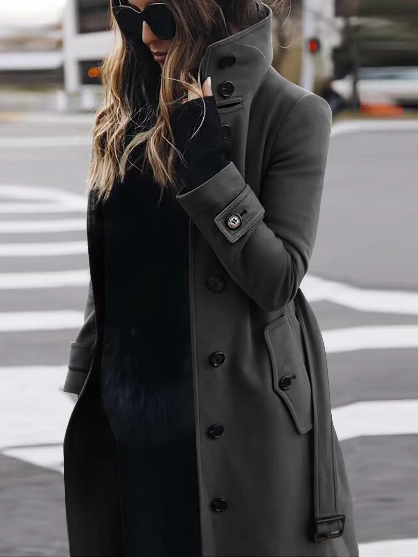 Women's single-breasted long coat with lapel collar