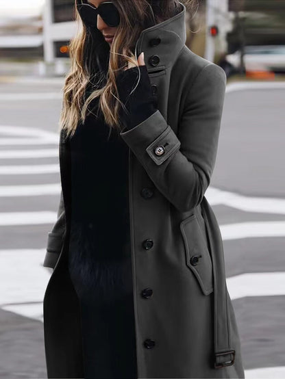 Women's single-breasted long coat with lapel collar