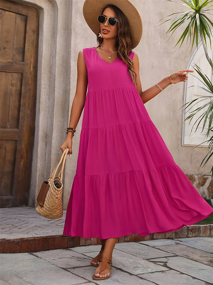Women's Maxi Dress with Tiered Skirt and V-Neck