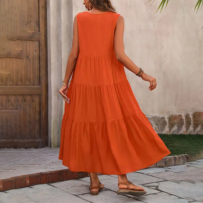 Women's Maxi Dress with Tiered Skirt and V-Neck