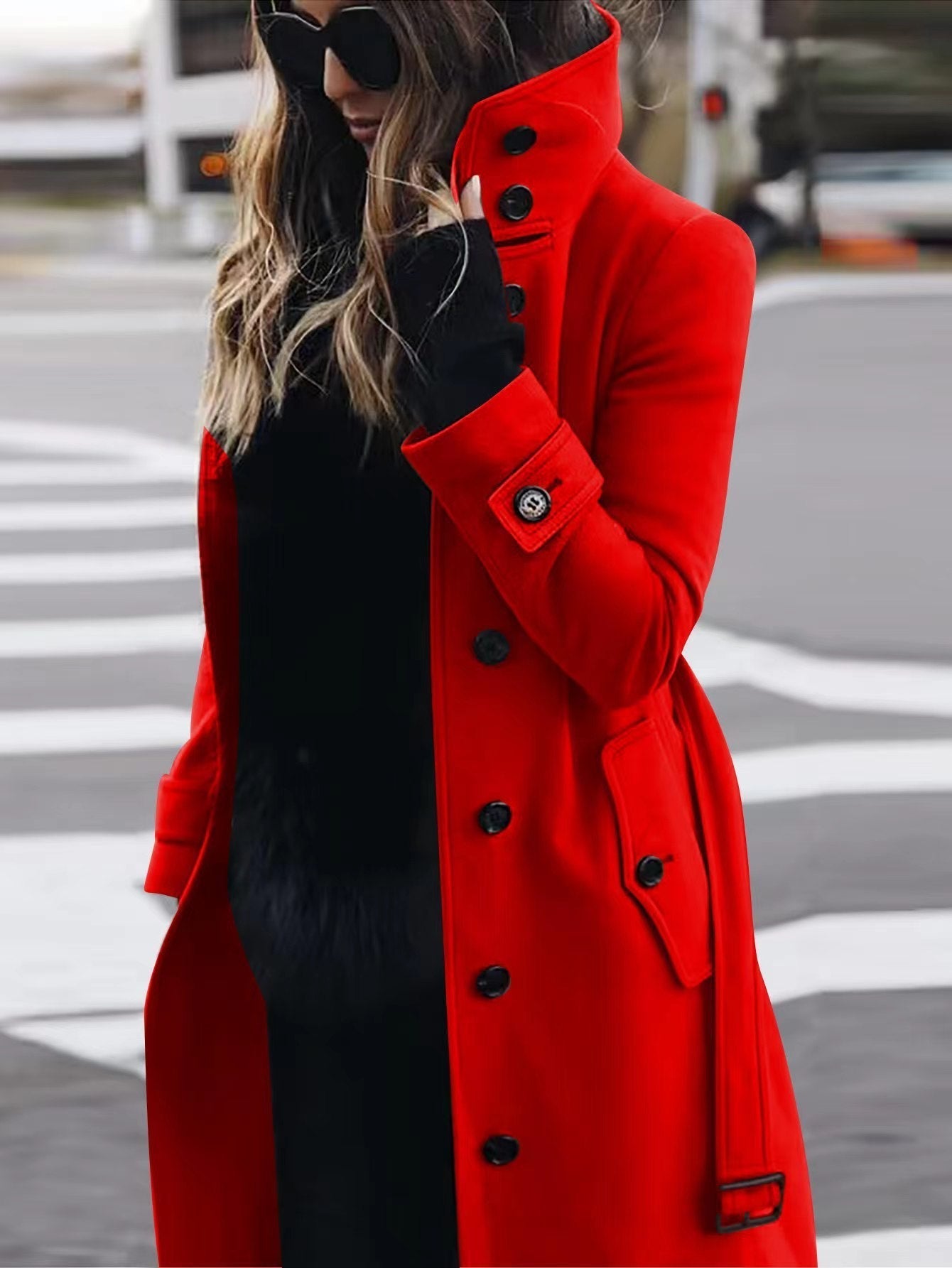 Women's single-breasted long coat with lapel collar