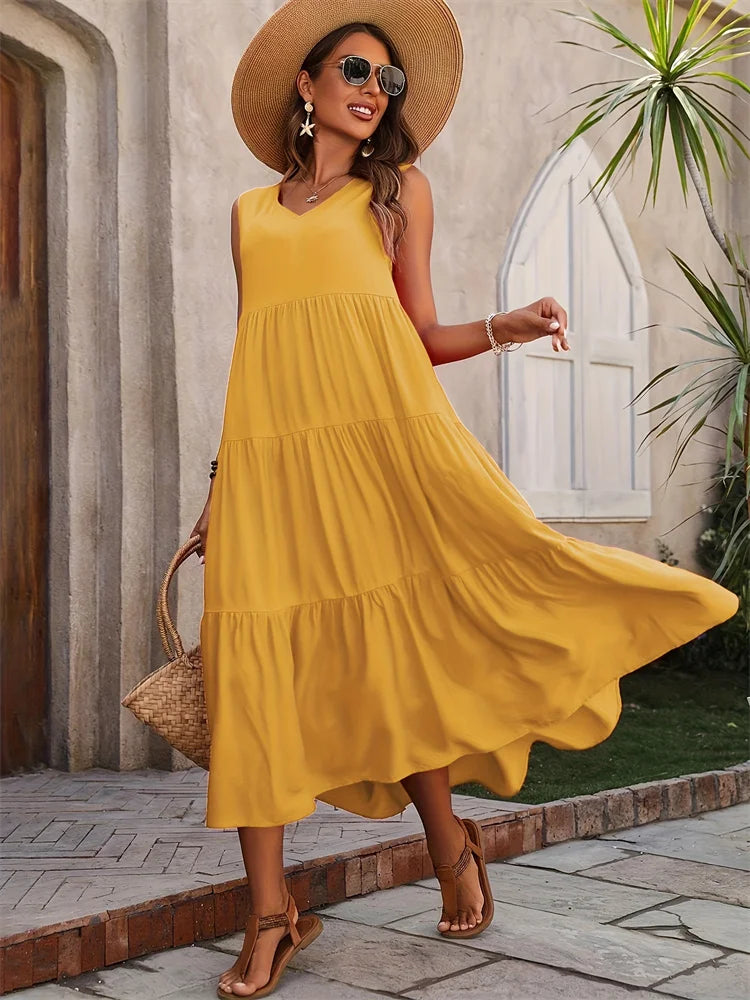 Women's Maxi Dress with Tiered Skirt and V-Neck
