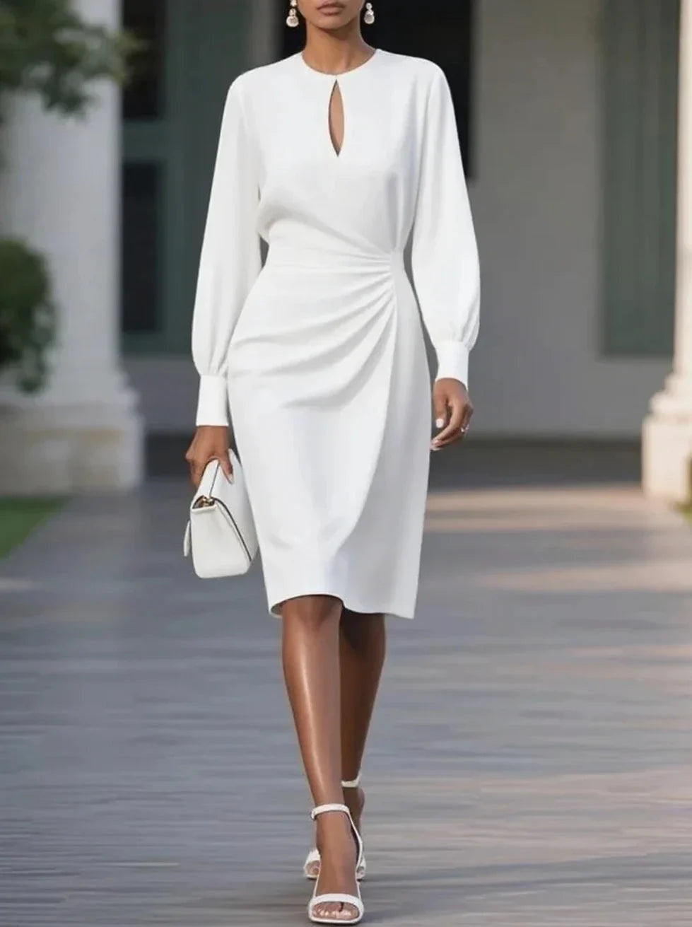 Women's Midi Dress with Long Sleeves and Keyhole Neckline