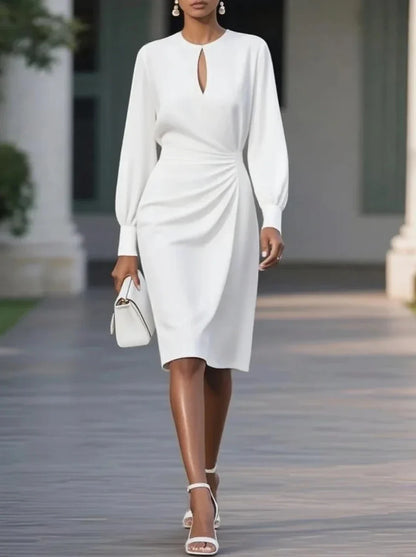 Women's Midi Dress with Long Sleeves and Keyhole Neckline