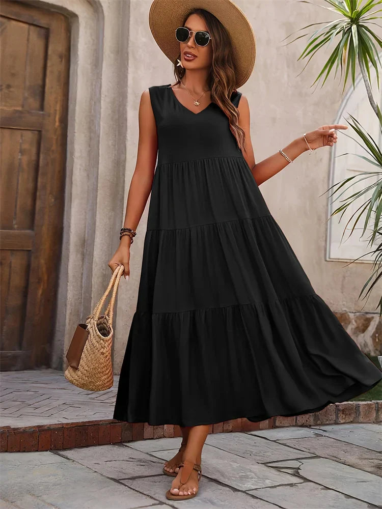 Women's Maxi Dress with Tiered Skirt and V-Neck