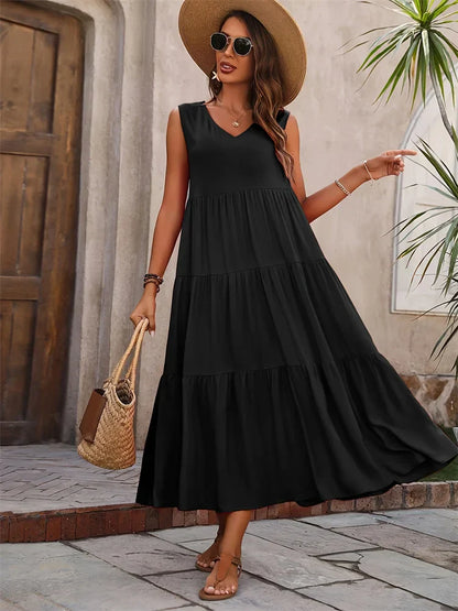 Women's Maxi Dress with Tiered Skirt and V-Neck