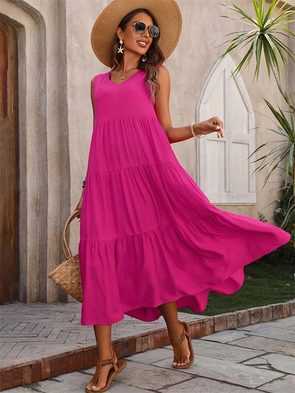 Women's Maxi Dress with Tiered Skirt and V-Neck