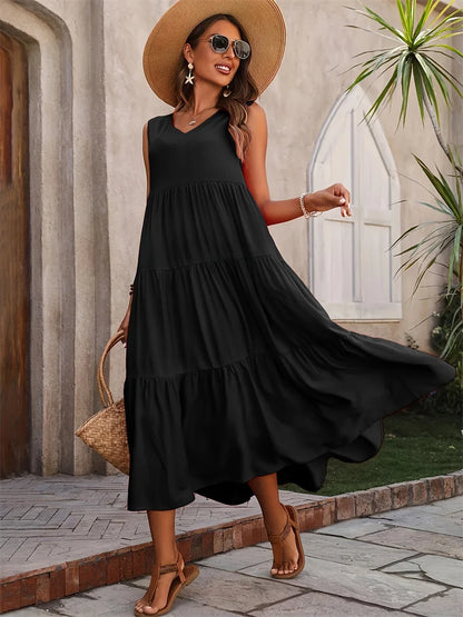 Women's Maxi Dress with Tiered Skirt and V-Neck
