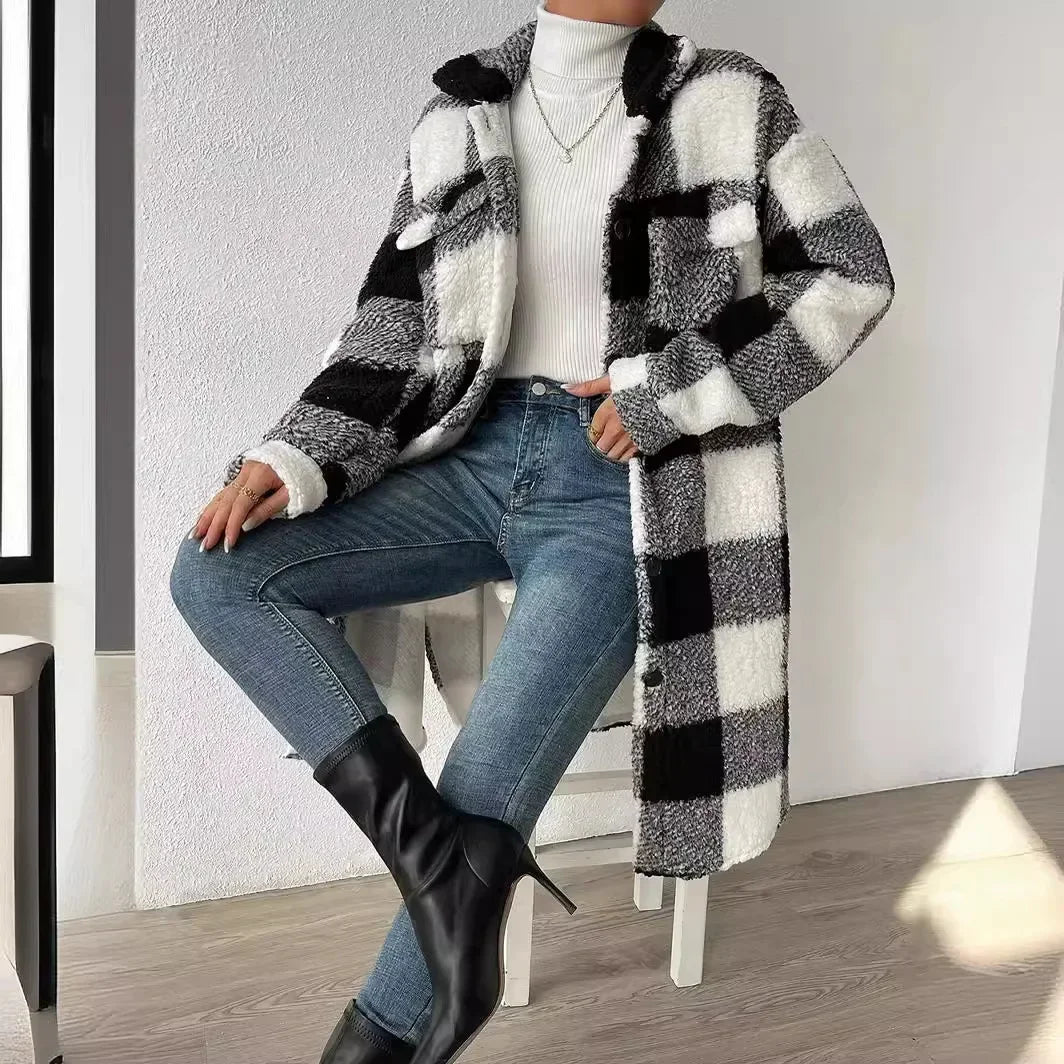Checked transitional jacket with soft fabric and loose fit