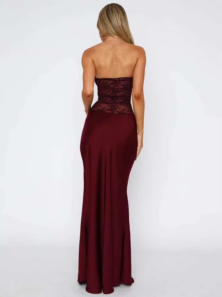 Kathy women's maxi dress with strapless design, lace details, and mermaid cut
