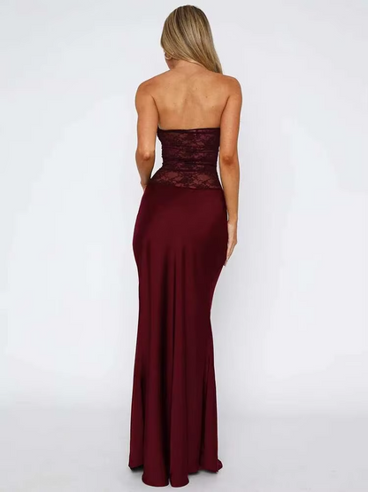 Kathy women's maxi dress with strapless design, lace details, and mermaid cut