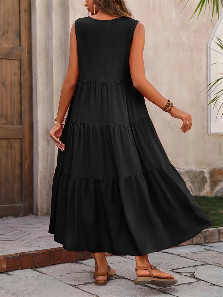 Women's Maxi Dress with Tiered Skirt and V-Neck