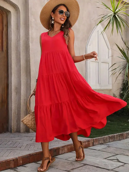 Women's Maxi Dress with Tiered Skirt and V-Neck