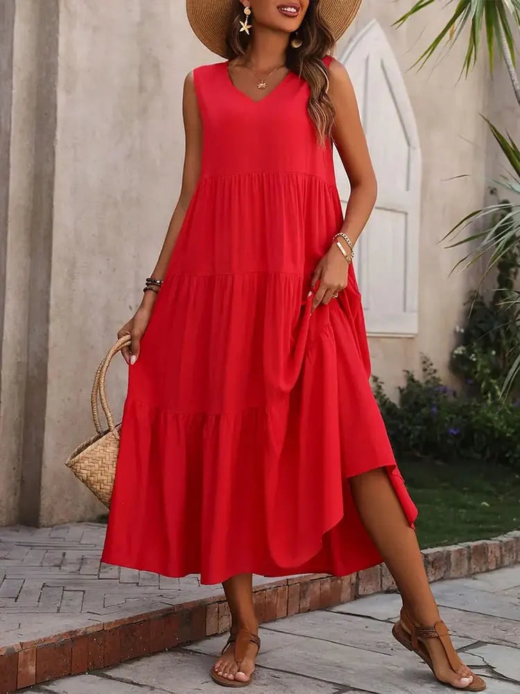 Women's Maxi Dress with Tiered Skirt and V-Neck