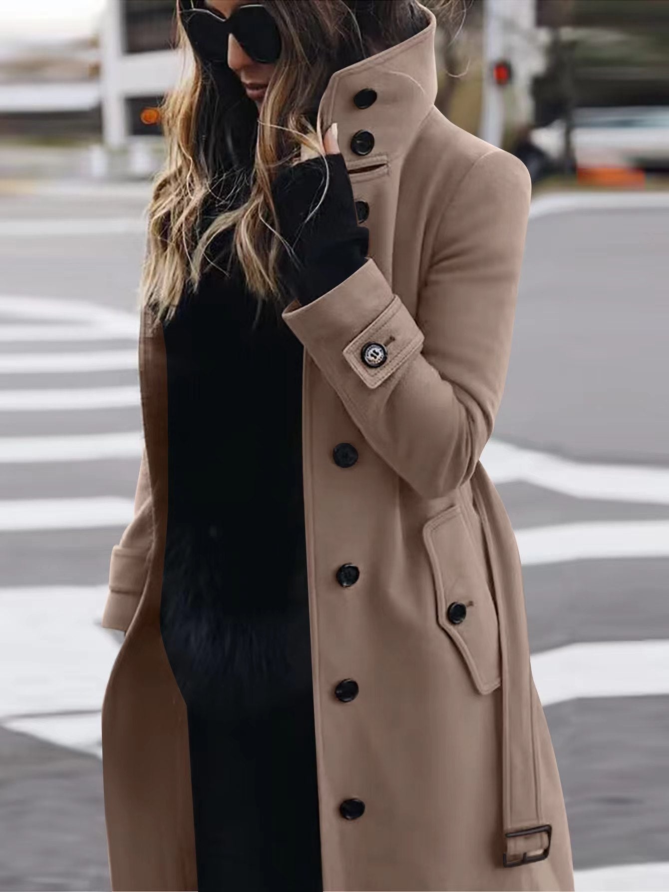 Women's single-breasted long coat with lapel collar