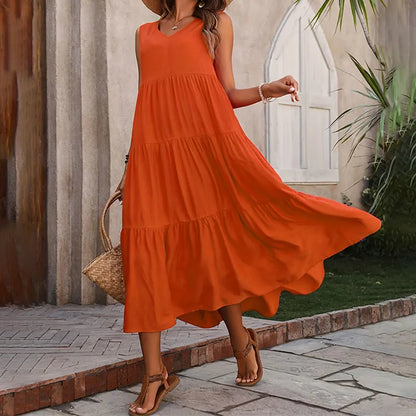 Women's Maxi Dress with Tiered Skirt and V-Neck