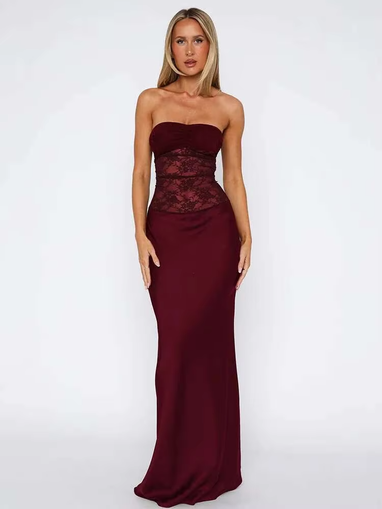 Kathy women's maxi dress with strapless design, lace details, and mermaid cut
