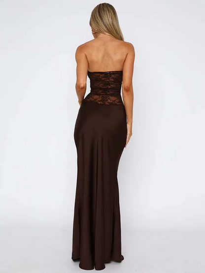 Kathy women's maxi dress with strapless design, lace details, and mermaid cut