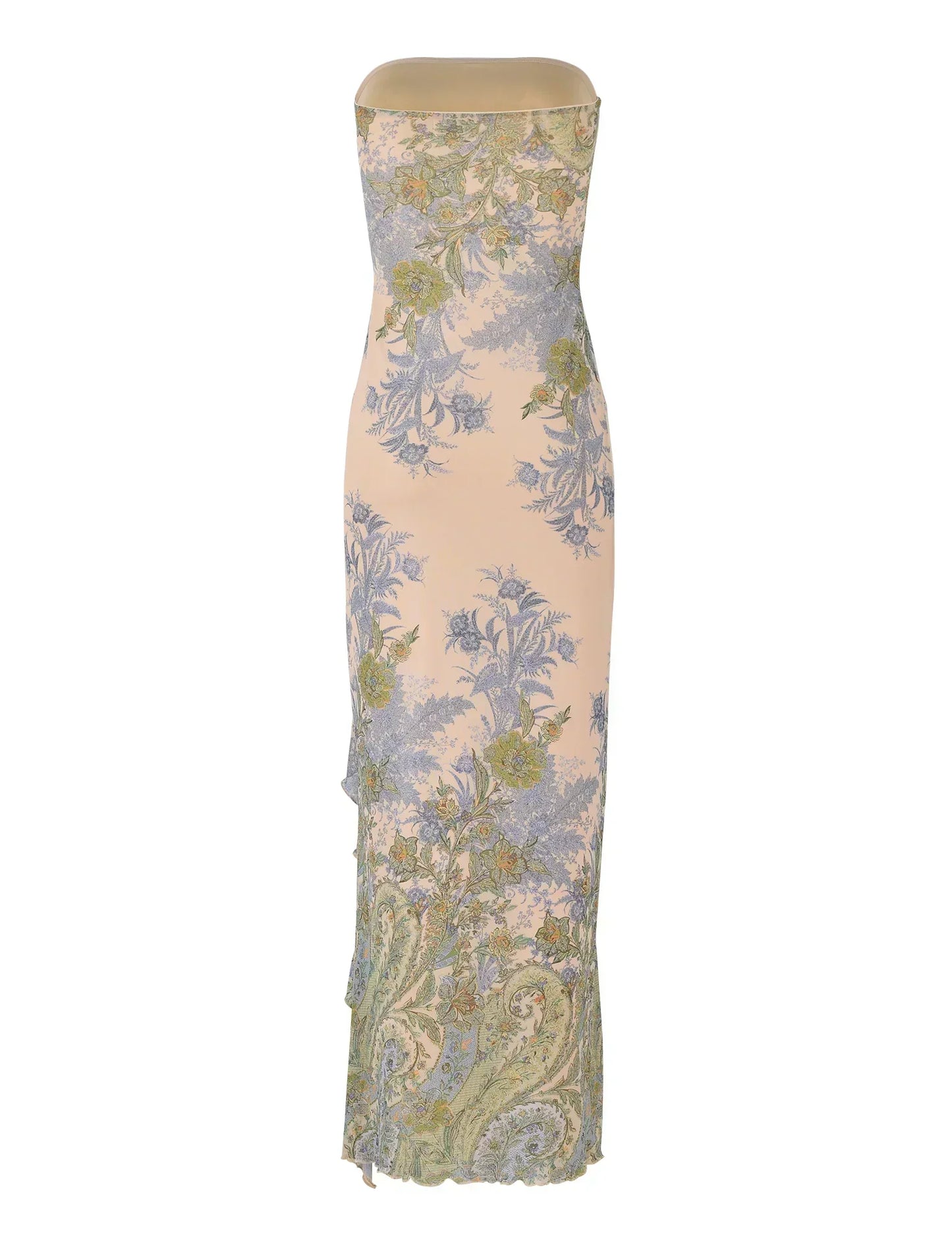 Strapless women's maxi dress with floral pattern and side slit