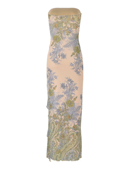 Strapless women's maxi dress with floral pattern and side slit