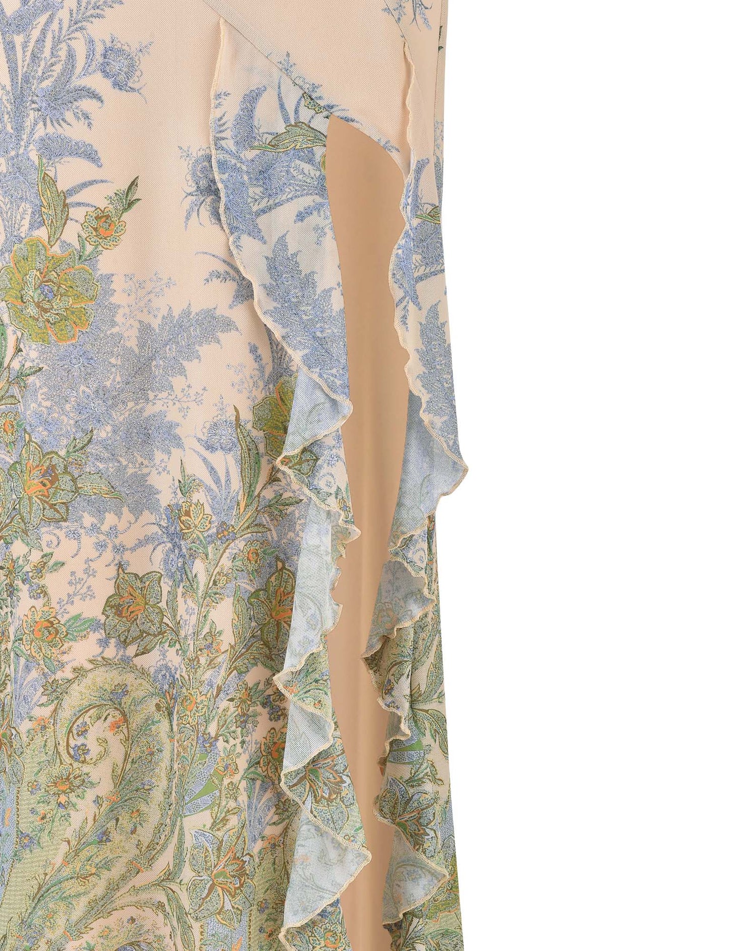 Strapless women's maxi dress with floral pattern and side slit