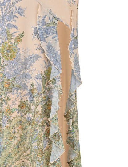 Strapless women's maxi dress with floral pattern and side slit