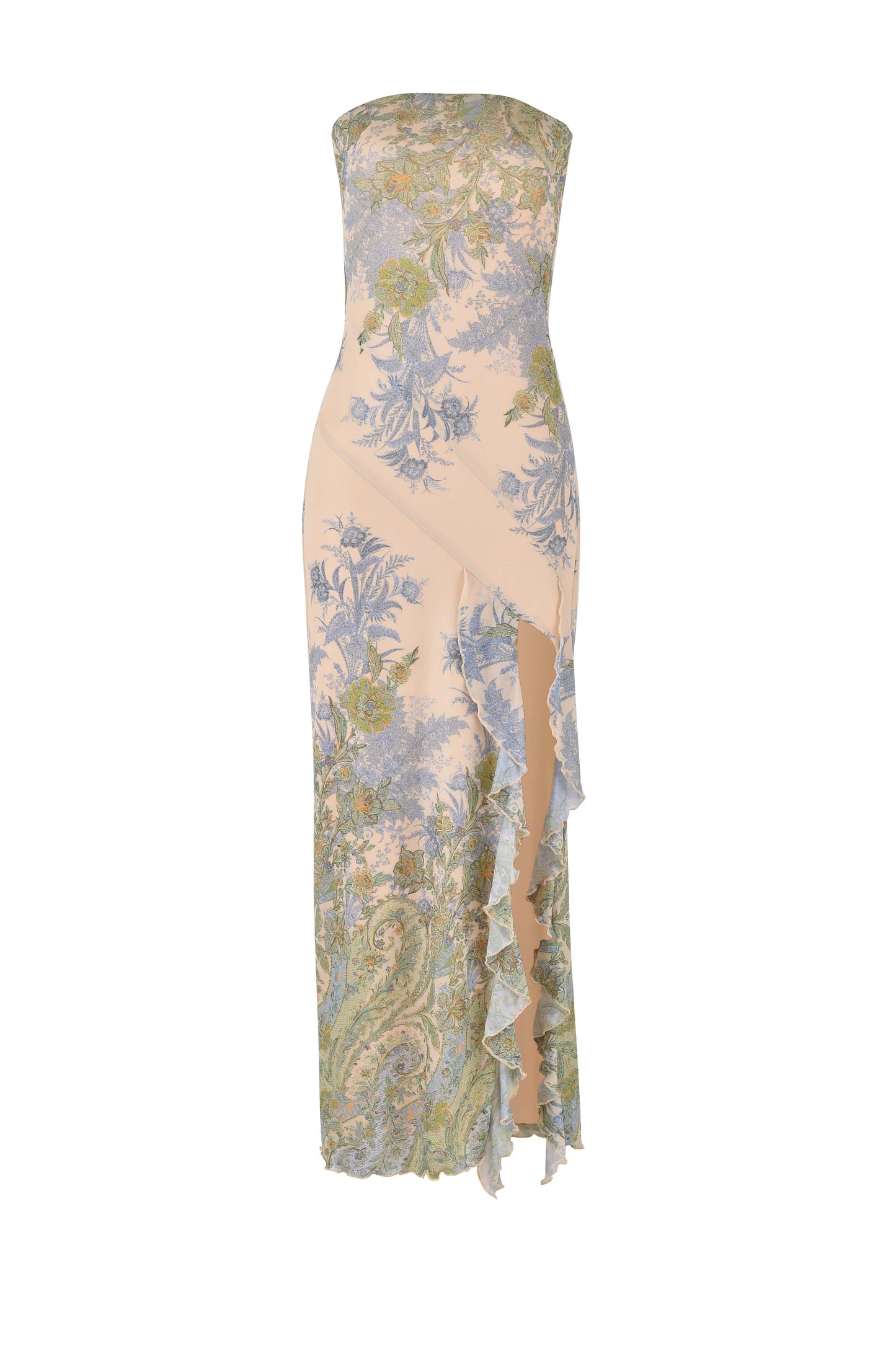 Strapless women's maxi dress with floral pattern and side slit