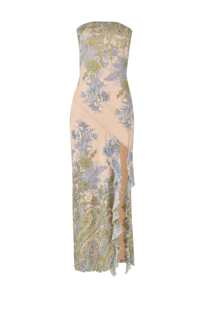Strapless women's maxi dress with floral pattern and side slit