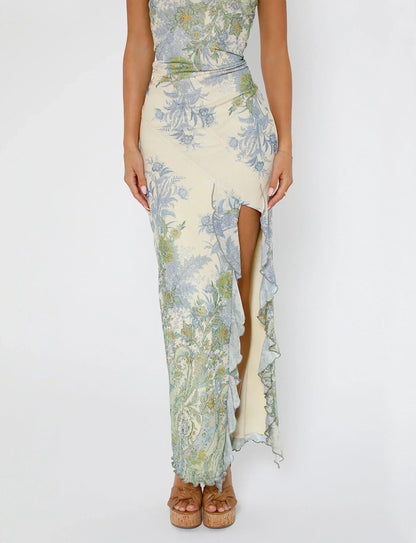Strapless women's maxi dress with floral pattern and side slit