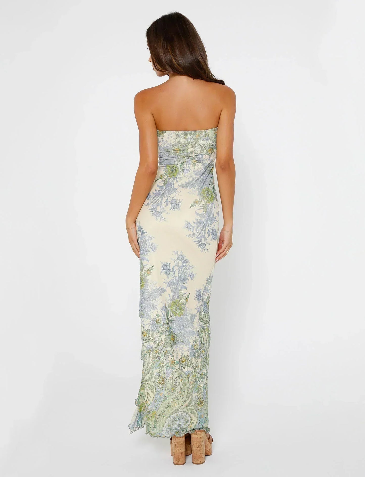 Strapless women's maxi dress with floral pattern and side slit