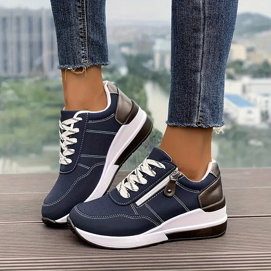 Damen Plattform Sneaker mit Reißverschluss und Schnürung Gepolsterte Innensohle Atmungsaktiv