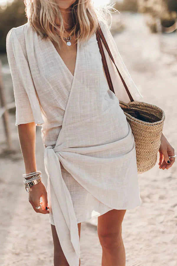 Women's Mini Wrap Dress in Linen with Tie Belt and Kimono Sleeves V-Neck