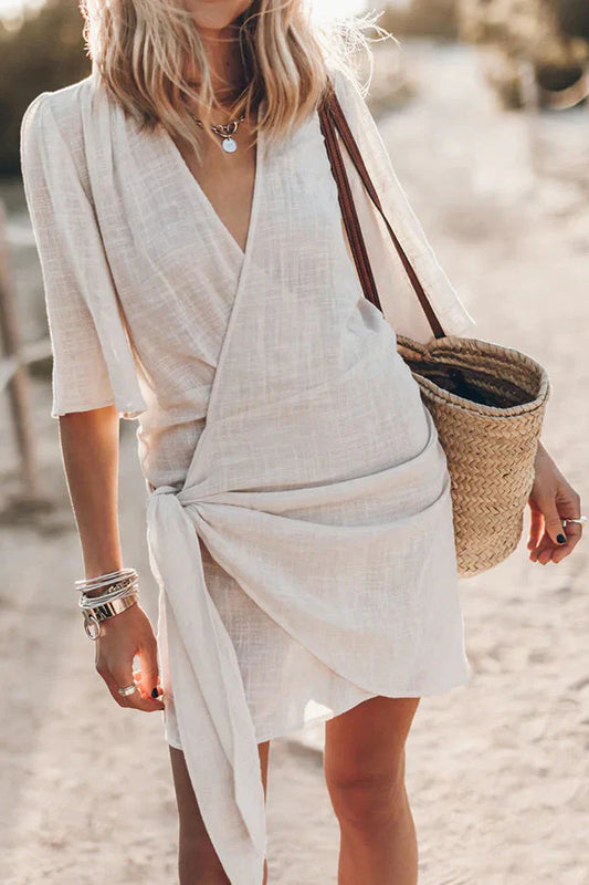 Women's Mini Wrap Dress in Linen with Tie Belt and Kimono Sleeves V-Neck