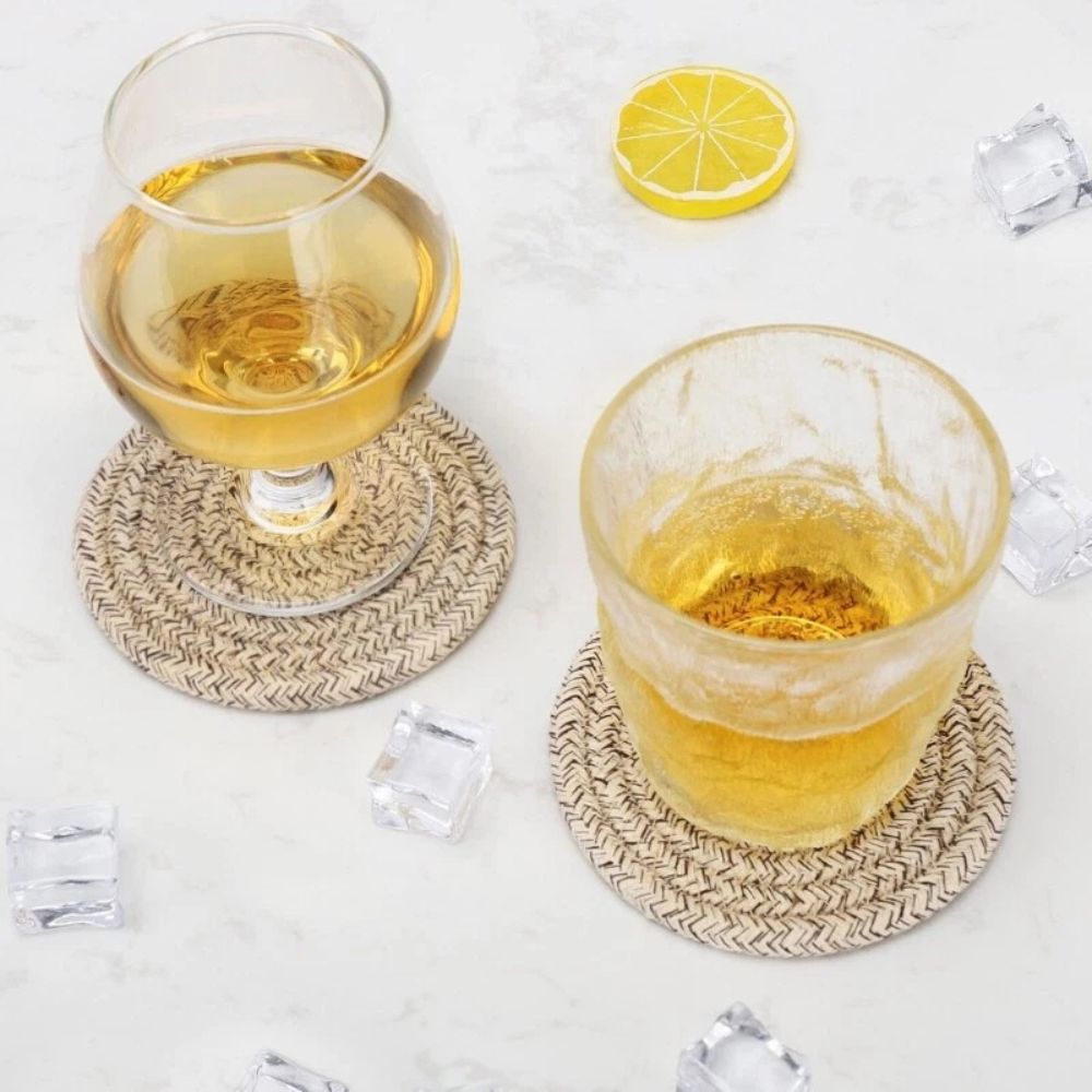 Set of Woven Cotton Coasters Round with Metal Holder for Hot and Cold Drinks