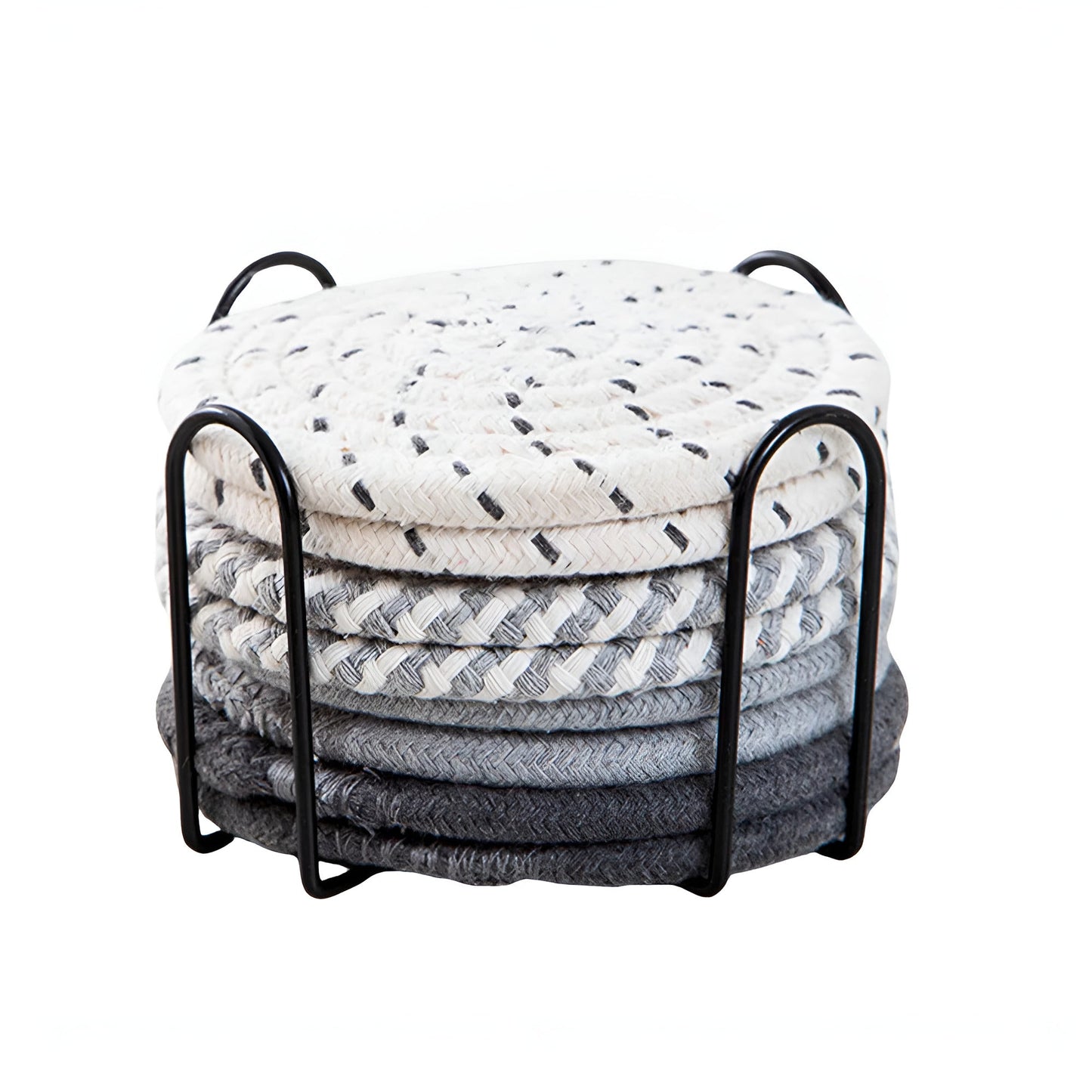 Set of Woven Cotton Coasters Round with Metal Holder for Hot and Cold Drinks