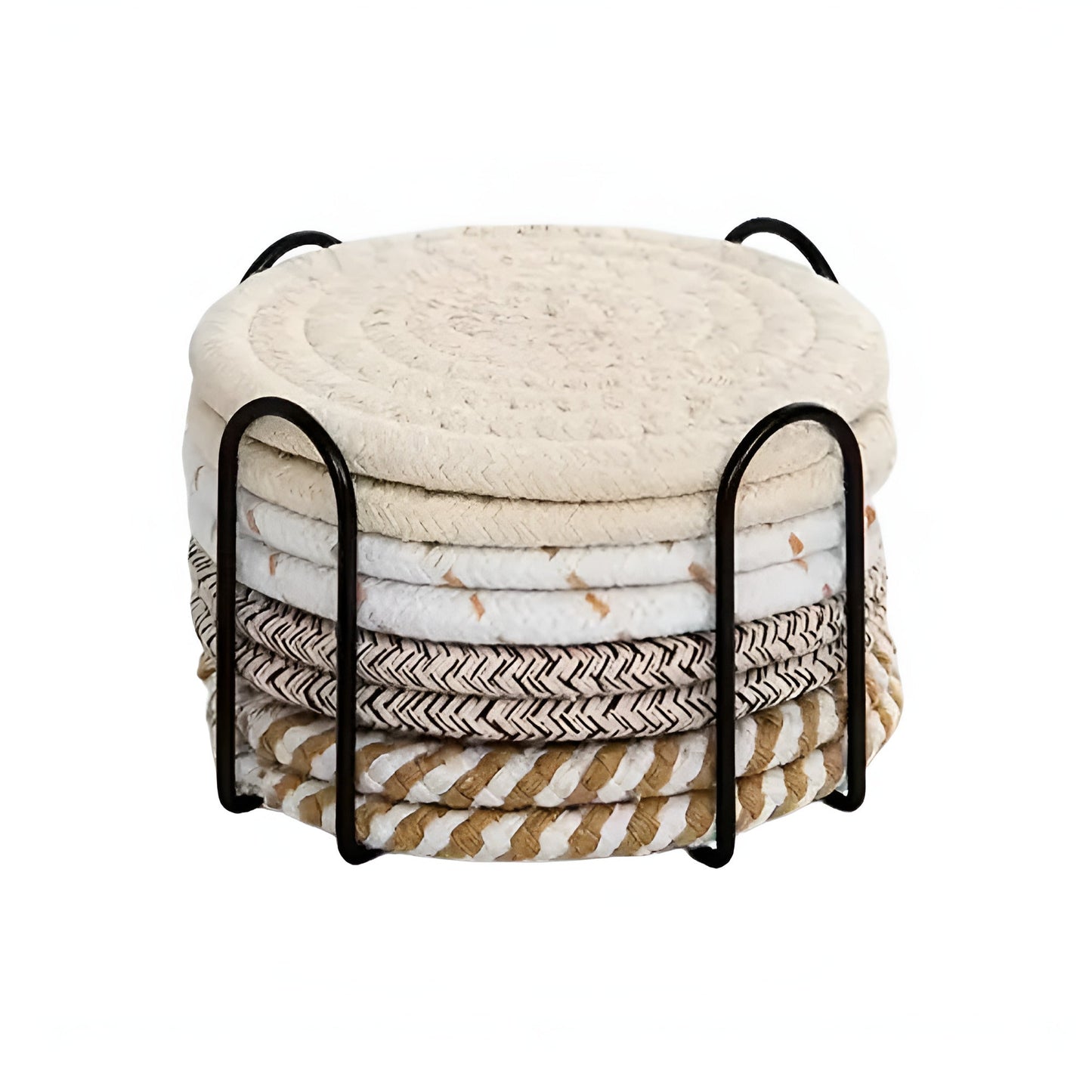 Set of Woven Cotton Coasters Round with Metal Holder for Hot and Cold Drinks