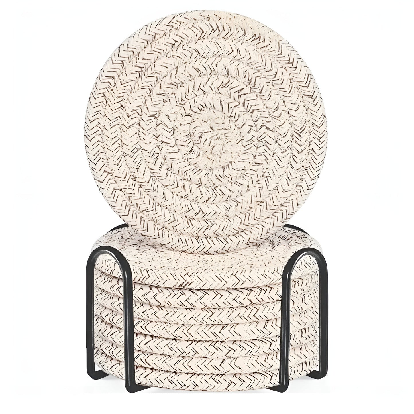 Set of Woven Cotton Coasters Round with Metal Holder for Hot and Cold Drinks