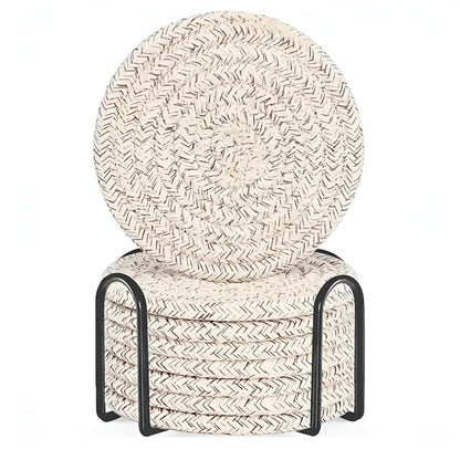 Set of Woven Cotton Coasters Round with Metal Holder for Hot and Cold Drinks