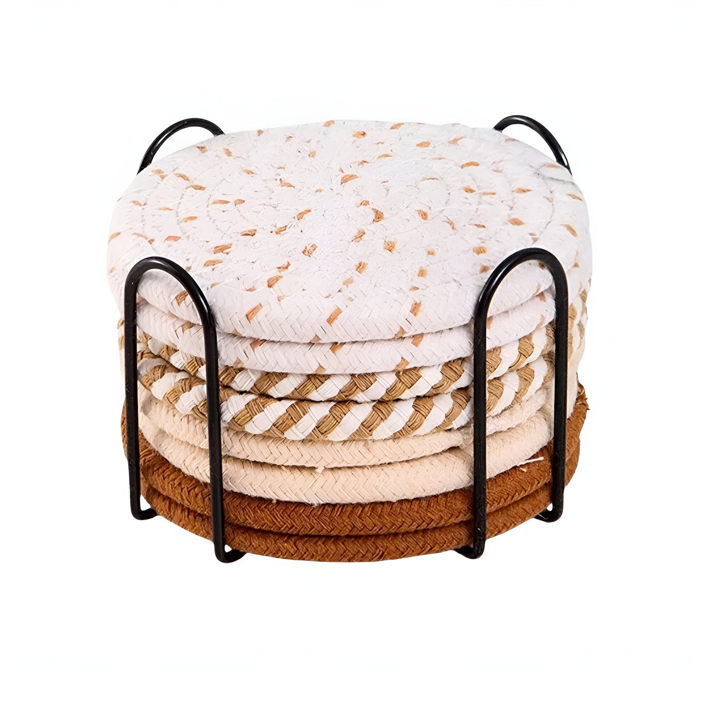 Set of Woven Cotton Coasters Round with Metal Holder for Hot and Cold Drinks
