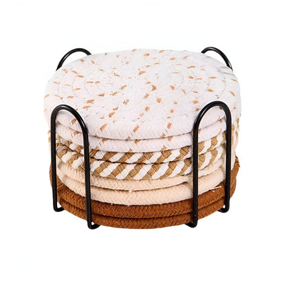 Set of Woven Cotton Coasters Round with Metal Holder for Hot and Cold Drinks