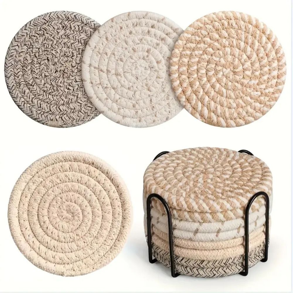 Set of Woven Cotton Coasters Round with Metal Holder for Hot and Cold Drinks
