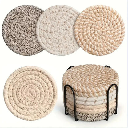 Set of Woven Cotton Coasters Round with Metal Holder for Hot and Cold Drinks