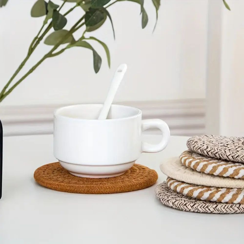 Set of Woven Cotton Coasters Round with Metal Holder for Hot and Cold Drinks