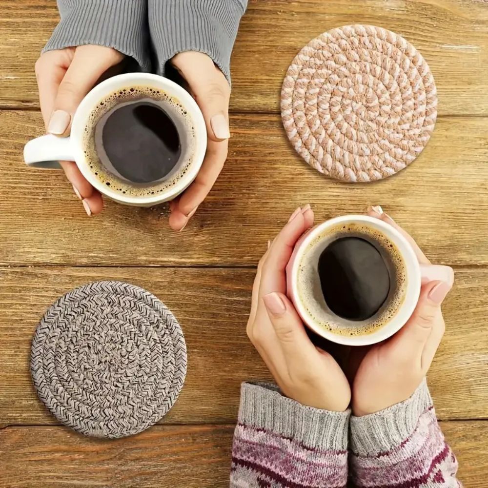 Set of Woven Cotton Coasters Round with Metal Holder for Hot and Cold Drinks